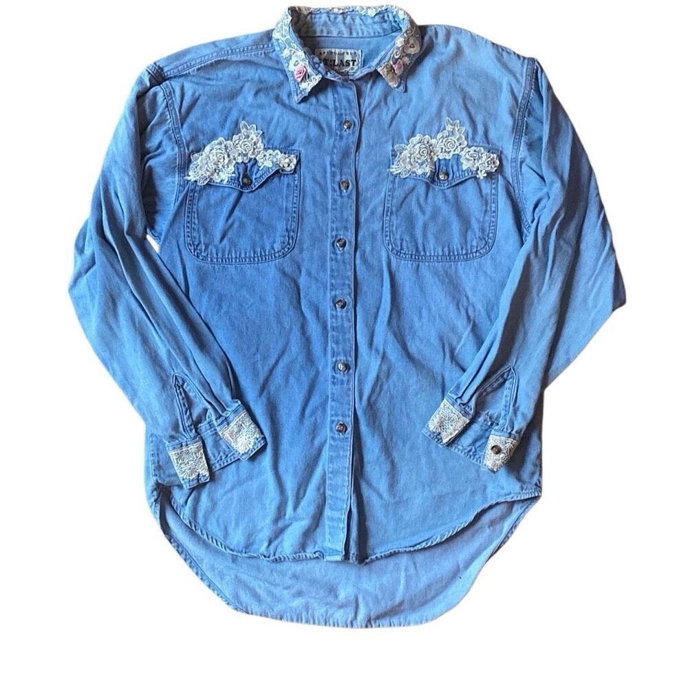 Vintage Cottagecore Blue Floral Lace Long Sleeve Button Up Denim Shirt S granny